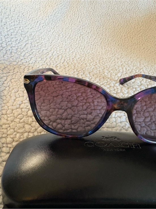 Coach Black Embossed Hard Sunglasses Case and Purple Confetti Sunglasses.